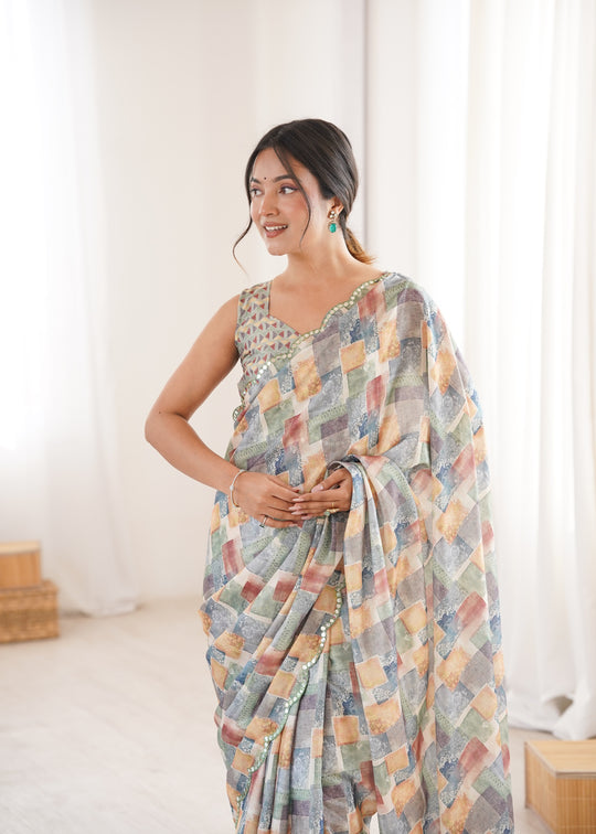 Multicolor Chinon Digital Printed Designer Saree with Blouse