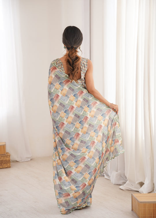 Multicolor Chinon Digital Printed Designer Saree with Blouse