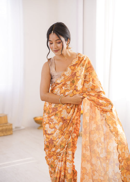 Multicolor Chinon Digital Printed Designer Saree with Blouse