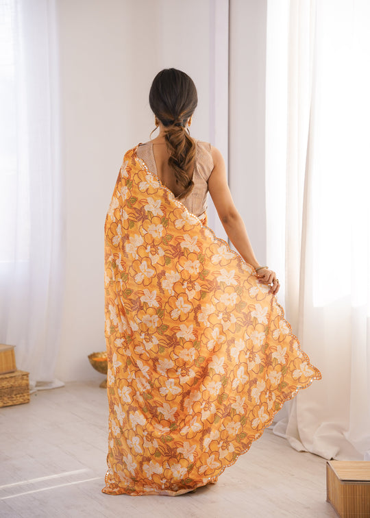 Multicolor Chinon Digital Printed Designer Saree with Blouse