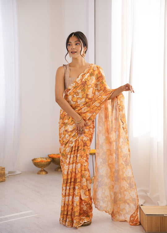Multicolor Chinon Digital Printed Designer Saree with Blouse
