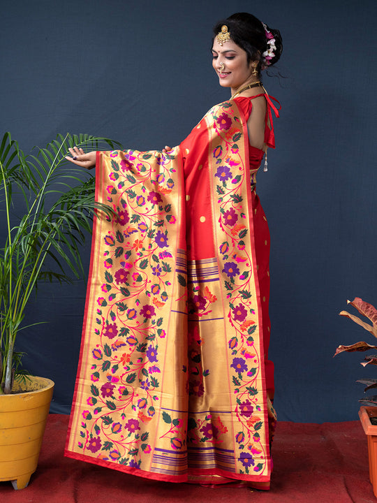 Red Paithani Silk Zari Woven Saree with Blouse