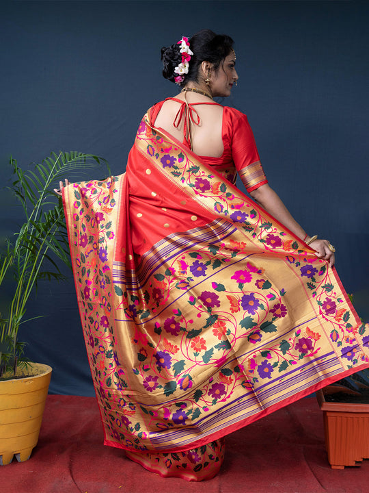 Red Paithani Silk Zari Woven Saree with Blouse