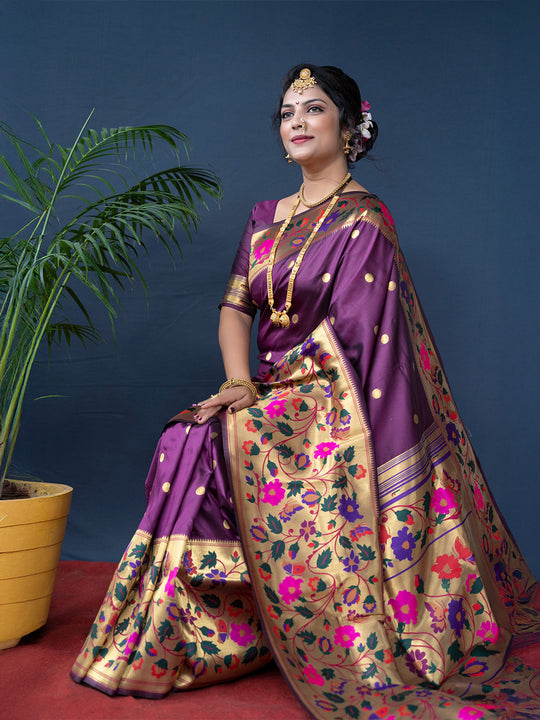 Wine Paithani Silk Zari Woven Saree with Blouse