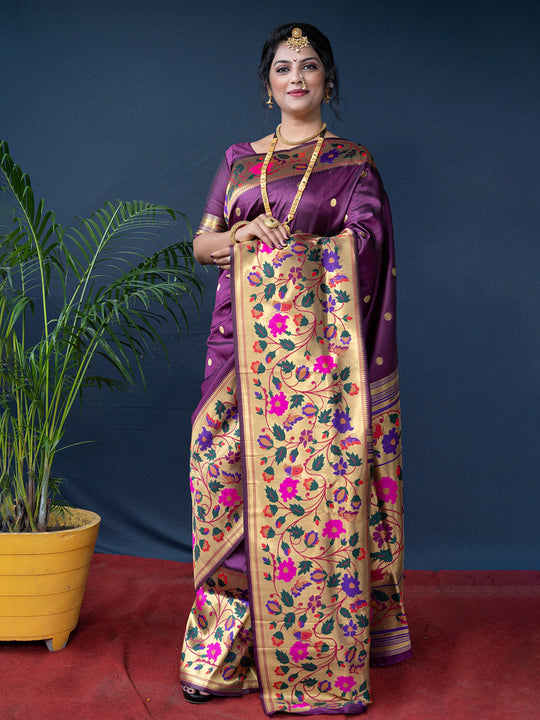 Wine Paithani Silk Zari Woven Saree with Blouse