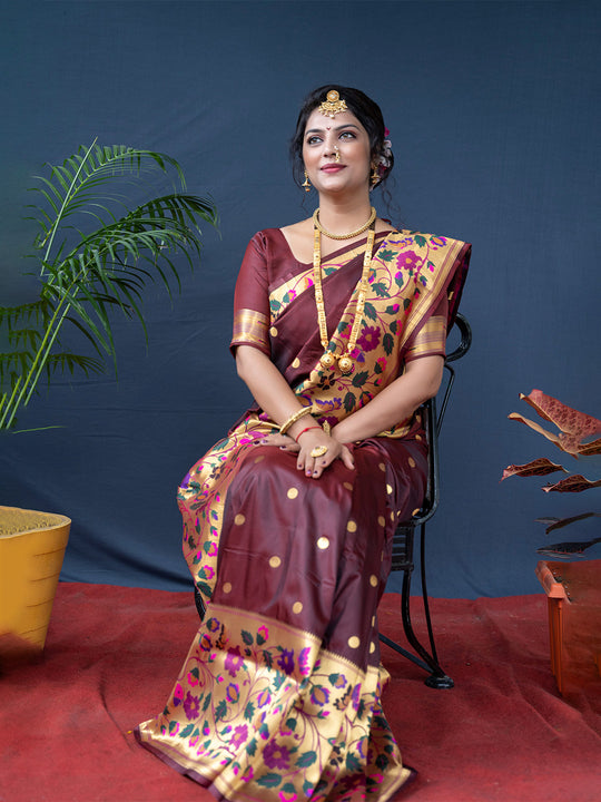 Brown Paithani Silk Zari Woven Saree with Blouse