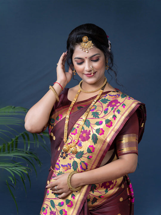 Brown Paithani Silk Zari Woven Saree with Blouse