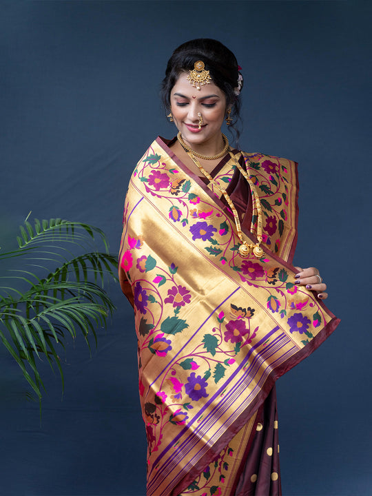 Brown Paithani Silk Zari Woven Saree with Blouse