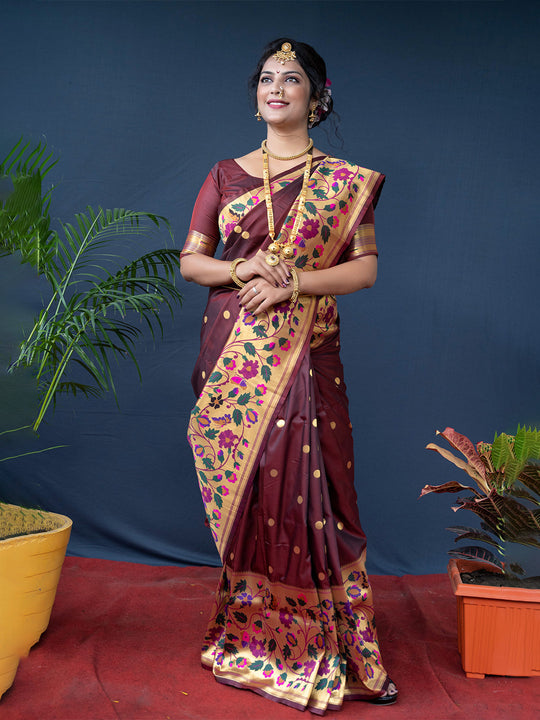 Brown Paithani Silk Zari Woven Saree with Blouse
