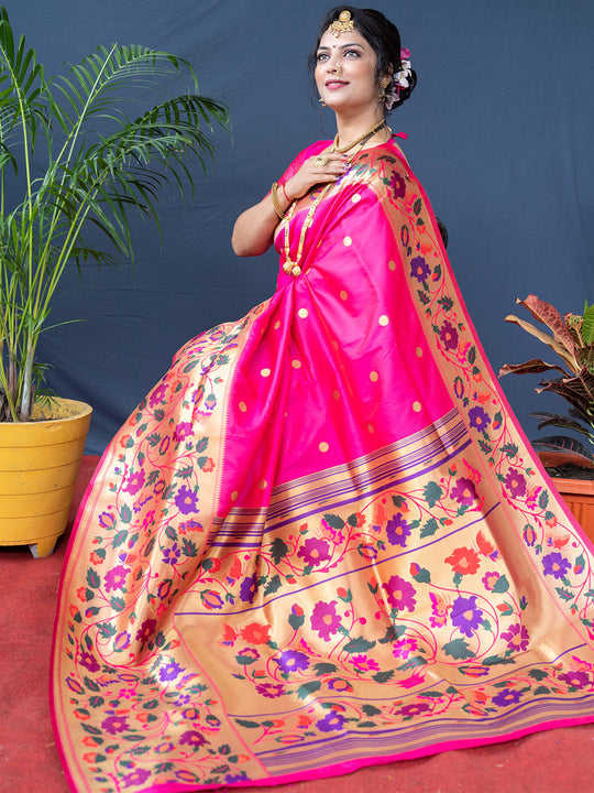 Pink Paithani Silk Zari Woven Saree with Blouse