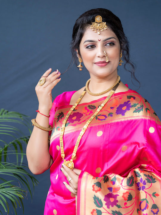 Pink Paithani Silk Zari Woven Saree with Blouse