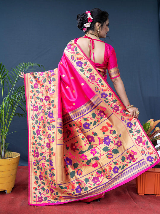 Pink Paithani Silk Zari Woven Saree with Blouse