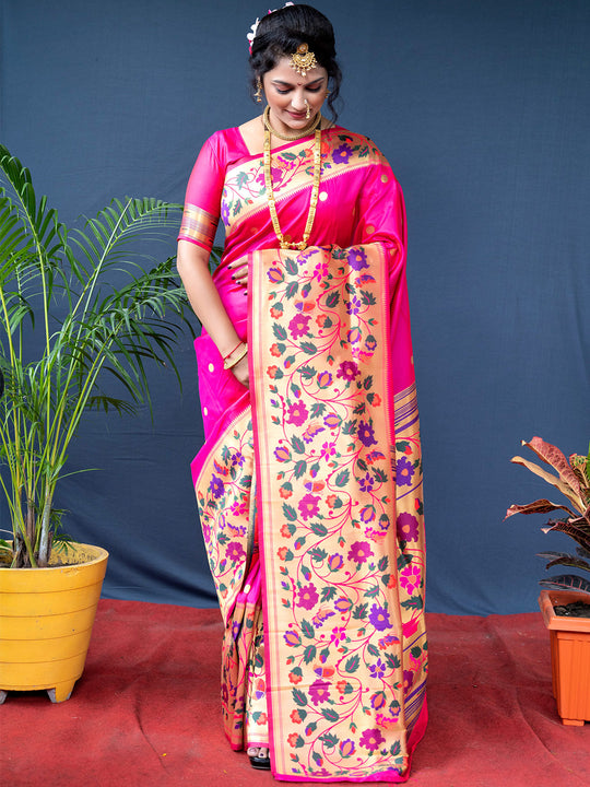 Pink Paithani Silk Zari Woven Saree with Blouse