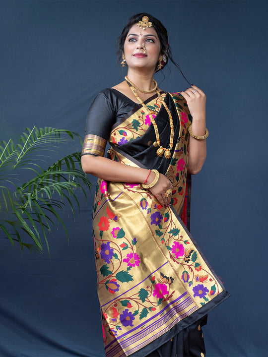Black Paithani Silk Zari Woven Saree with Blouse