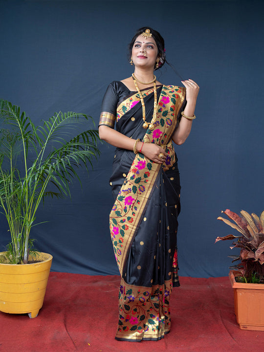 Black Paithani Silk Zari Woven Saree with Blouse