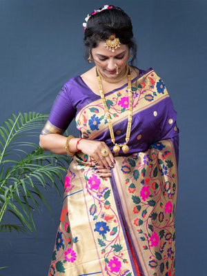 Purple Paithani Silk Zari Woven Saree with Blouse