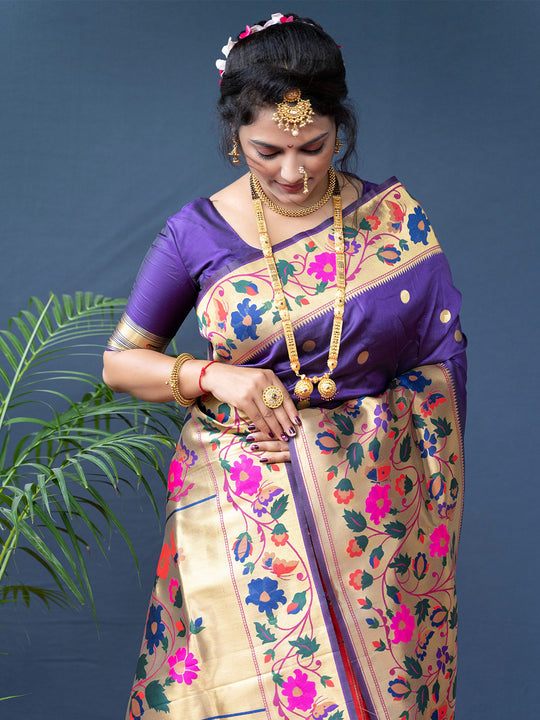 Purple Paithani Silk Zari Woven Saree with Blouse