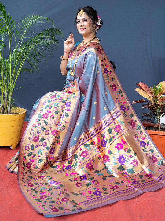 Grey Paithani Silk Zari Woven Saree with Blouse