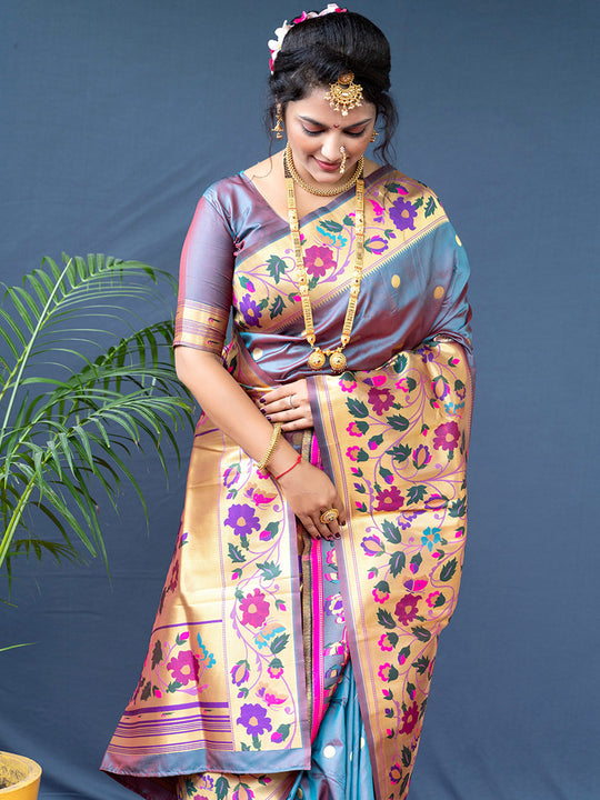 Grey Paithani Silk Zari Woven Saree with Blouse
