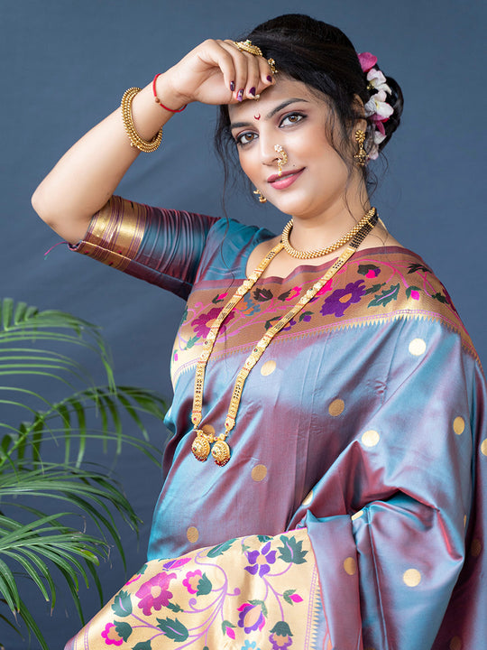 Grey Paithani Silk Zari Woven Saree with Blouse