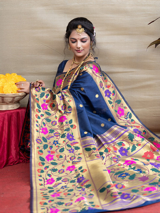 Navy Blue Paithani Silk Zari Woven Saree with Blouse
