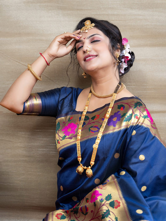 Navy Blue Paithani Silk Zari Woven Saree with Blouse