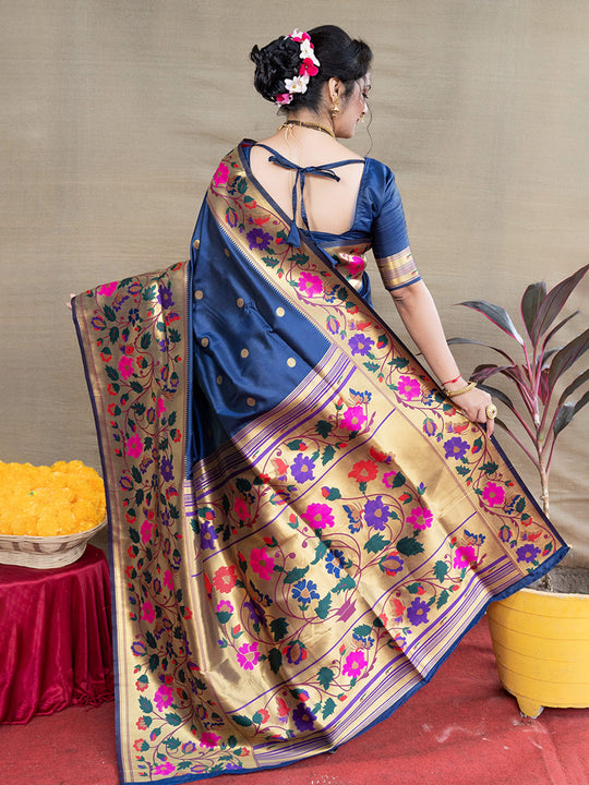 Navy Blue Paithani Silk Zari Woven Saree with Blouse