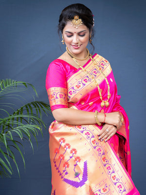 Pink Paithani Silk Zari Woven Saree with Blouse