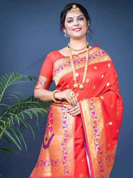 Red Paithani Silk Zari Woven Saree with Blouse