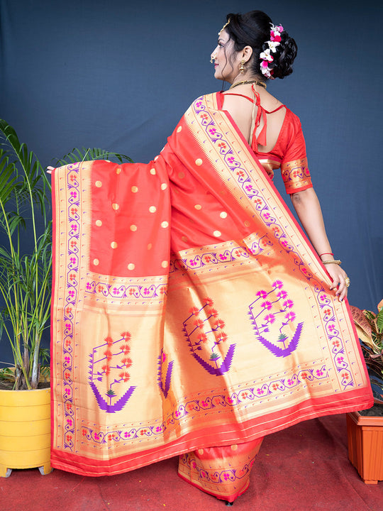 Red Paithani Silk Zari Woven Saree with Blouse