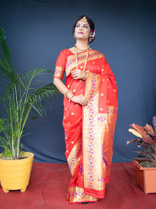 Red Paithani Silk Zari Woven Saree with Blouse