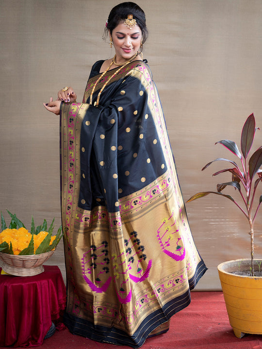 Black Paithani Silk Zari Woven Saree with Blouse