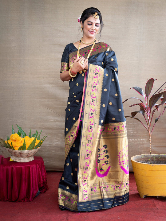 Black Paithani Silk Zari Woven Saree with Blouse