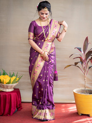 Wine Paithani Silk Zari Woven Saree with Blouse