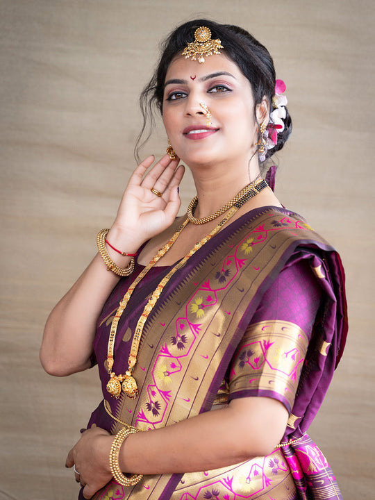 Wine Paithani Silk Zari Woven Saree with Blouse