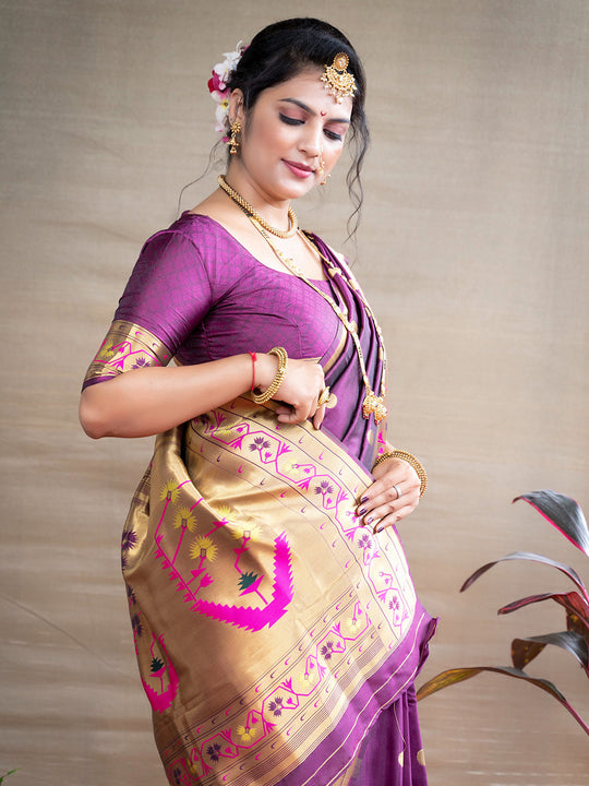 Wine Paithani Silk Zari Woven Saree with Blouse