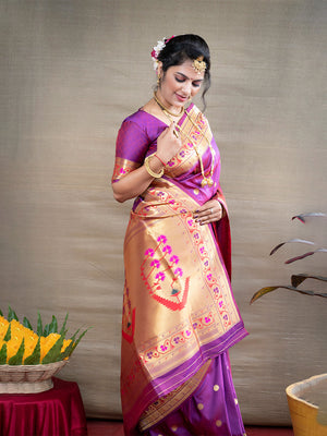 Purple Paithani Silk Zari Woven Saree with Blouse