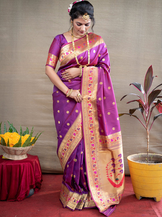 Purple Paithani Silk Zari Woven Saree with Blouse