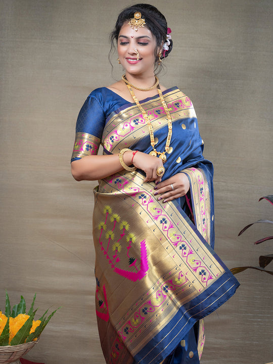Blue Paithani Silk Zari Woven Saree with Blouse