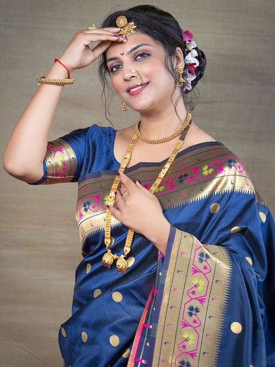 Blue Paithani Silk Zari Woven Saree with Blouse