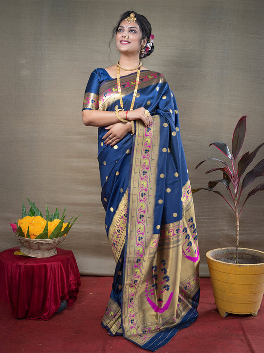 Blue Paithani Silk Zari Woven Saree with Blouse