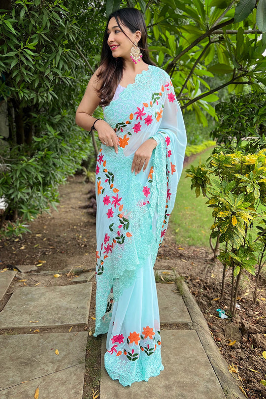 Sky Georgette Saree With Blouse Piece