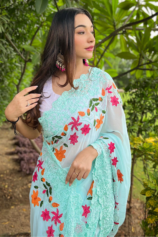 Sky Georgette Saree With Blouse Piece