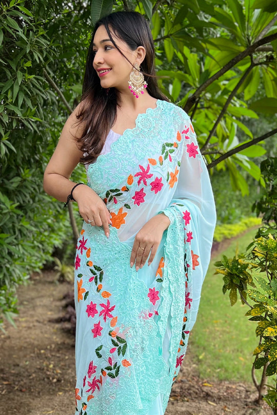 Sky Georgette Saree With Blouse Piece