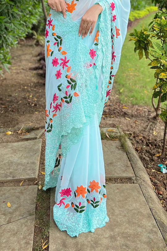 Sky Georgette Saree With Blouse Piece