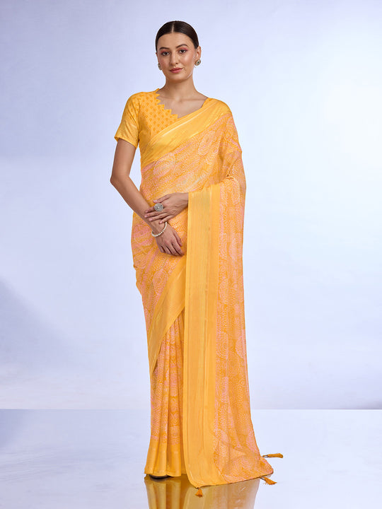 Yellow Georgette Saree With Blouse Piece