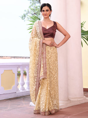 Beige Embroidered Embellished Brasso Saree With Blouse Piece