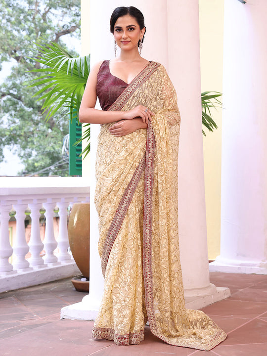 Beige Embroidered Embellished Brasso Saree With Blouse Piece