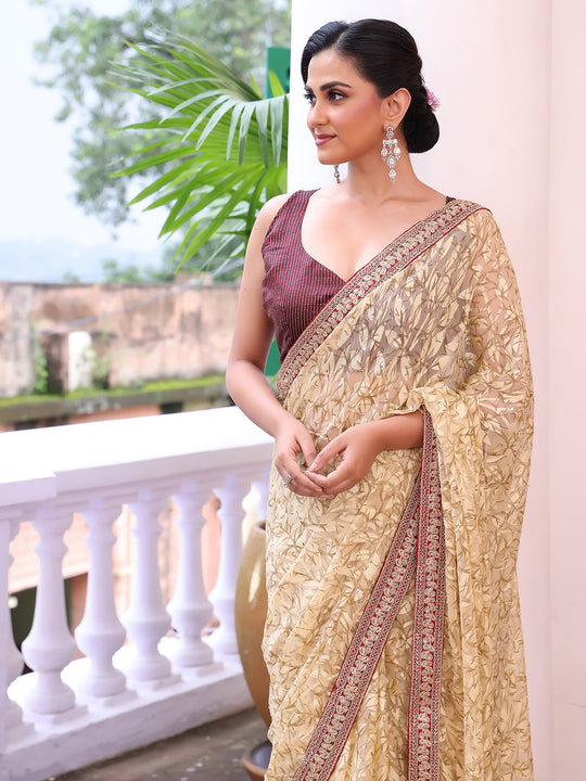 Beige Embroidered Embellished Brasso Saree With Blouse Piece