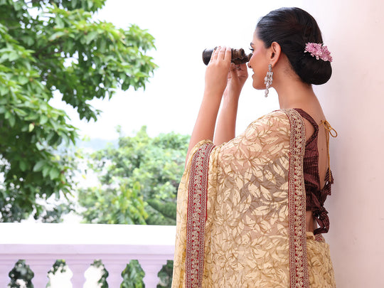 Beige Embroidered Embellished Brasso Saree With Blouse Piece